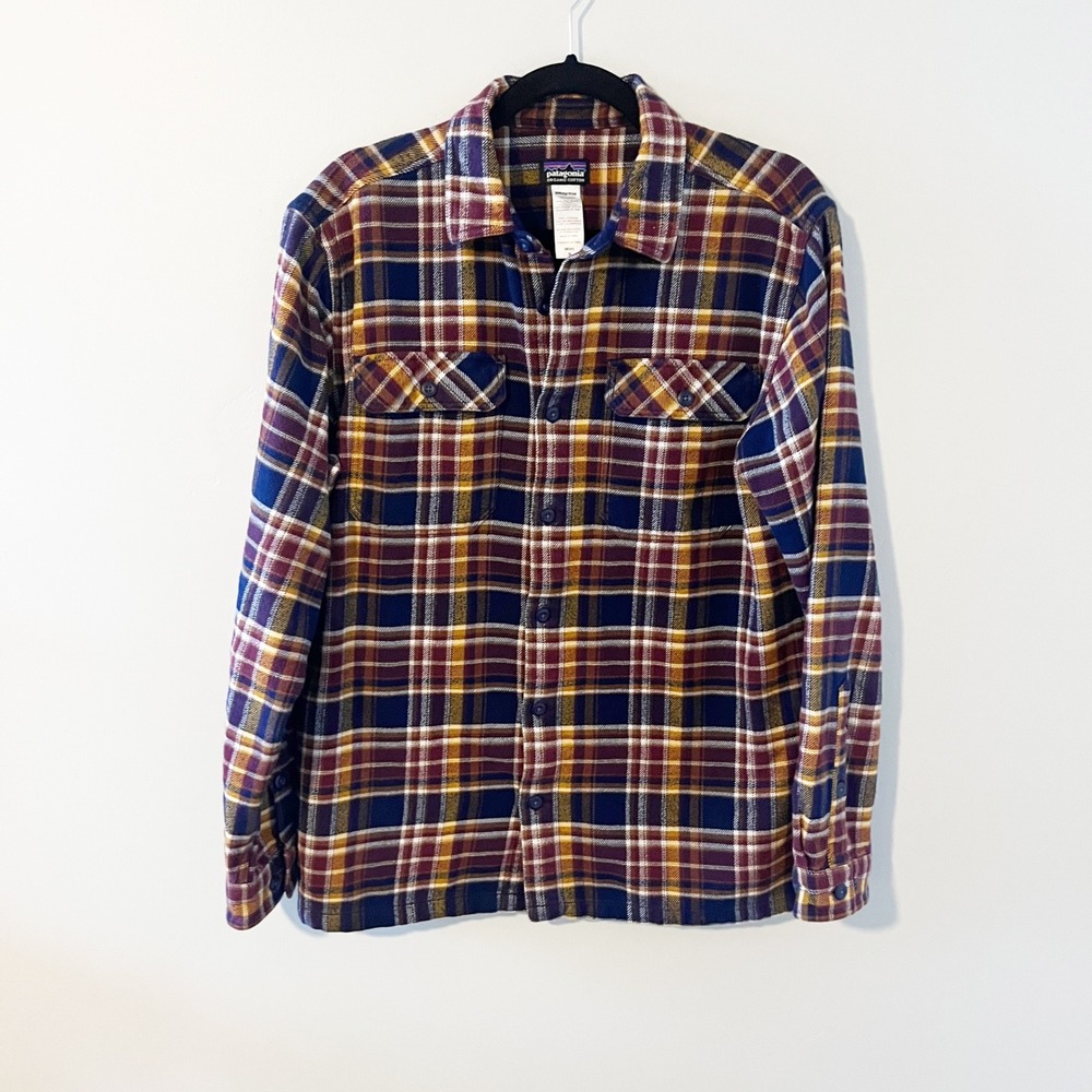 Patagonia Fjord Flannel Shirt Mens Medium Organic Cotton Plaid Burgundy Navy M